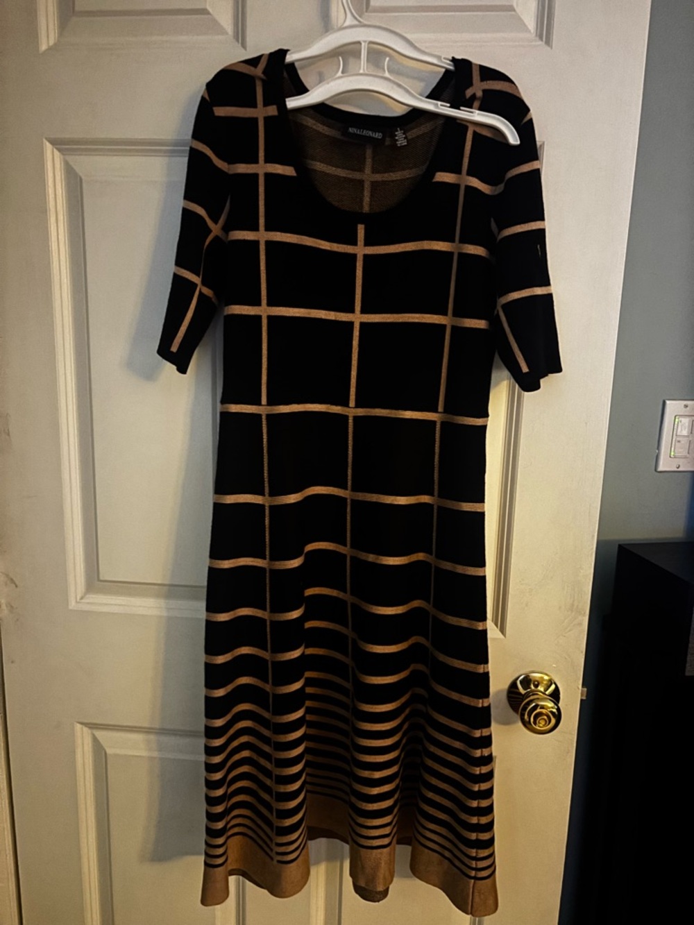 Black and Gold Grid Knit Dress by Nina Leonard